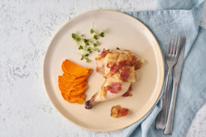 healthy gluten free balanced clean food with sweet potato and bacon