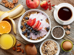top view of healthy breakfast ingredients, selective focus