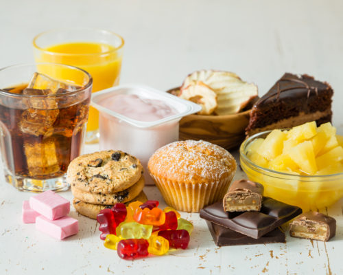selection of food high in sugar, copy space