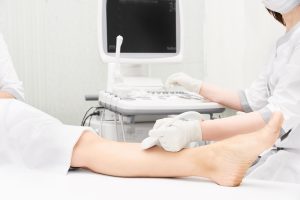 Doctor ultrasound knee test. Scan medical equipment. Diagnosis ultrasound foot. Varicose ankle exam tool.