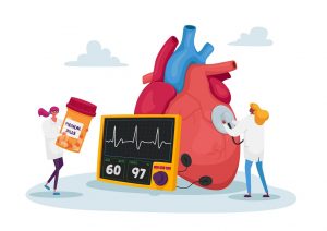 Tiny Doctor Characters at Huge Human Heart Measure Pulse with Stethoscope and Cholesterol Level Diagnose and Treatment. Cardiology Health Care, Medicine and Pills. Cartoon People Vector Illustration