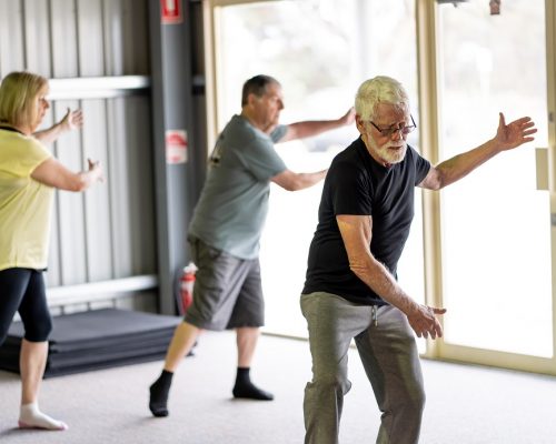 Group of seniors in Tai Chi class exercising in an active retirement lifestyle. Mental and physical health benefits of exercise and fitness in elderly people. Senior health care and wellbeing concept.