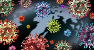 Global Virus variant and mutating cells concept or new coronavirus b.1.1.7 variants outbreak and covid-19 viral cell mutation as an influenza background with dangerous flu strain as a medical health risk as a 3D render.