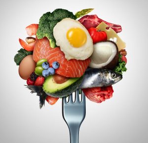 Eating ketogenic food and Keto nutrition lifestyle diet low carb and high fat meal as fish nuts eggs meat avocado and other healthy ingredients as a therapeutic snacks on a fork with 3D illustration elements.