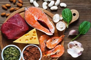 Foods High in Zinc as salmon, seafood-shrimps, beef, yellow cheese, spinach, mushrooms, cocoa, pumpkin seeds, garlic, bean and almonds. Top view