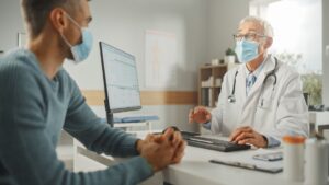 Middle Aged Family Doctor is Talking with Young Male Patient During Consultation in a Health Clinic. Both Wear Face Masks. Physician in Lab Coat Sitting Behind a Computer Desk in Hospital Office.