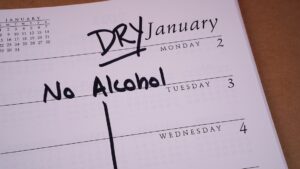 Calendar marked to indicate that January is Dry January - a month to stay sober and alcohol-free