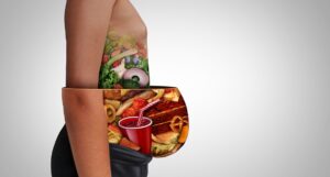 Losing weight and nutrition as an unhealthy diet or healthy food with a fat and normal person as a stomach made from junk food or health ingredients as a dieting fitness issue with 3D illustration elements.